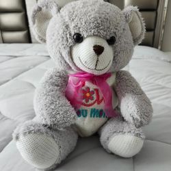 ✅️ Gray 12in Teddy Bear "Love You Mom" Print• Great Condition• $7firm