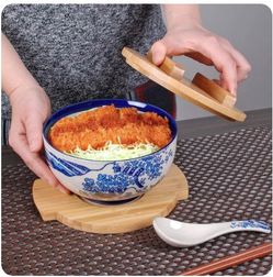Happy Sales, Japanese Kamameshi Vintage Style Rice Noodle Ramen Bowl with Bamboo