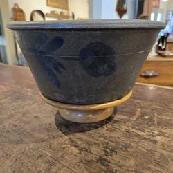 Antique Primitive Blue Decorated Stoneware Milk Pan