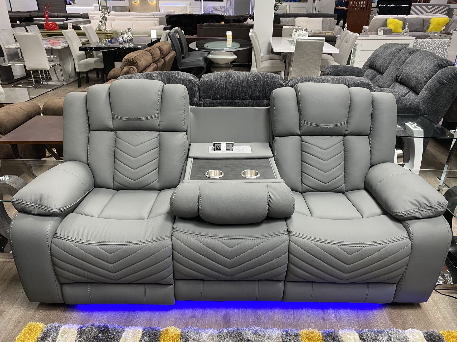 Power Reclining Sofa And Loveseat With Blue Led Lighting And Wireless Phone Charger With 110 Outlet And Usb And Micro Usb