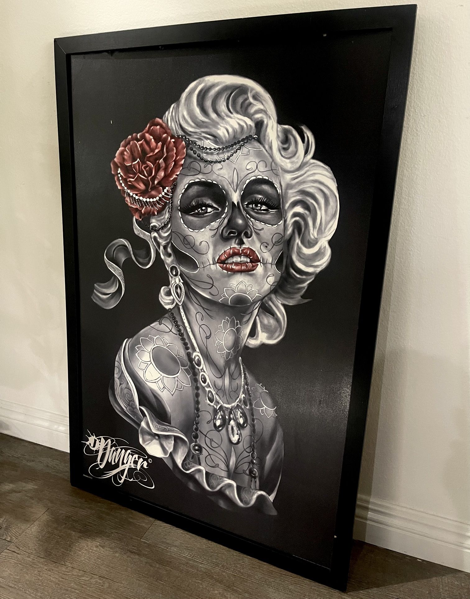 Framed Large J. Danger Art Print , Mexican Marilyn  Monroe Lady Skull Tattoo Art Artwork, Used  