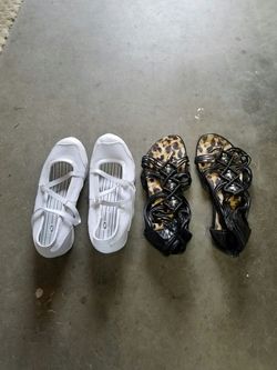 White Brand New Cross Trekkers. Size 8 1/2. Black Dress sandals. Zip up back and goes up ankle. Probably a Size 9- 9 1/2