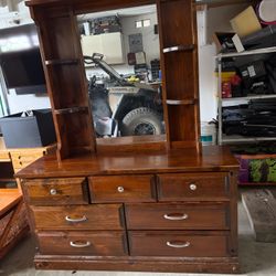 Antique Solid Wood, Dresser, And Mirror Set