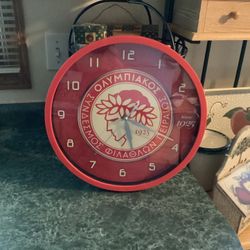 Olympiakos Wall Clock Greece Clock Beautiful Bold Color Works Great No Scratches Or Issues  Approximately 14” 