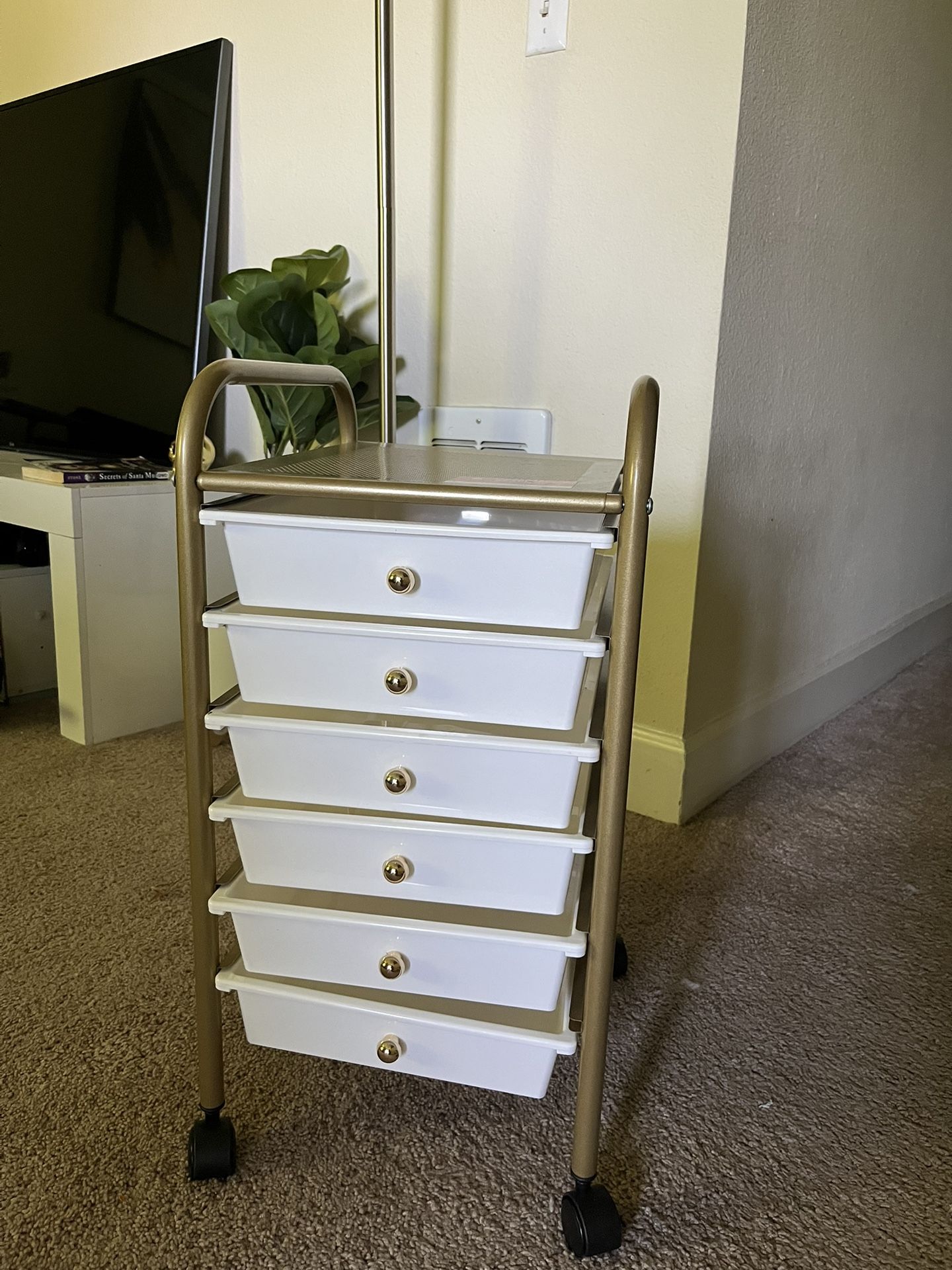 White & Gold Trolly Drawer Cart Rolling Storage 6 Drawers
