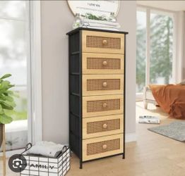 Black Rattan Dresser, Tall Fabric Storage Tower, Chests of Drawers with Handles - Organizer Unit for Bedroom, Hallway, Entryway, Closets - 6 Drawers