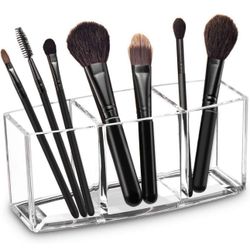Acrylic Makeup Brush Organizer Holder Clear Cosmetic Brushes Storage with 3 Slots