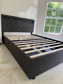 Dark Grey Upholstered Bed Frame with Storage