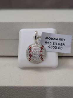 Solid Silver Moissanite Baseball Pendant