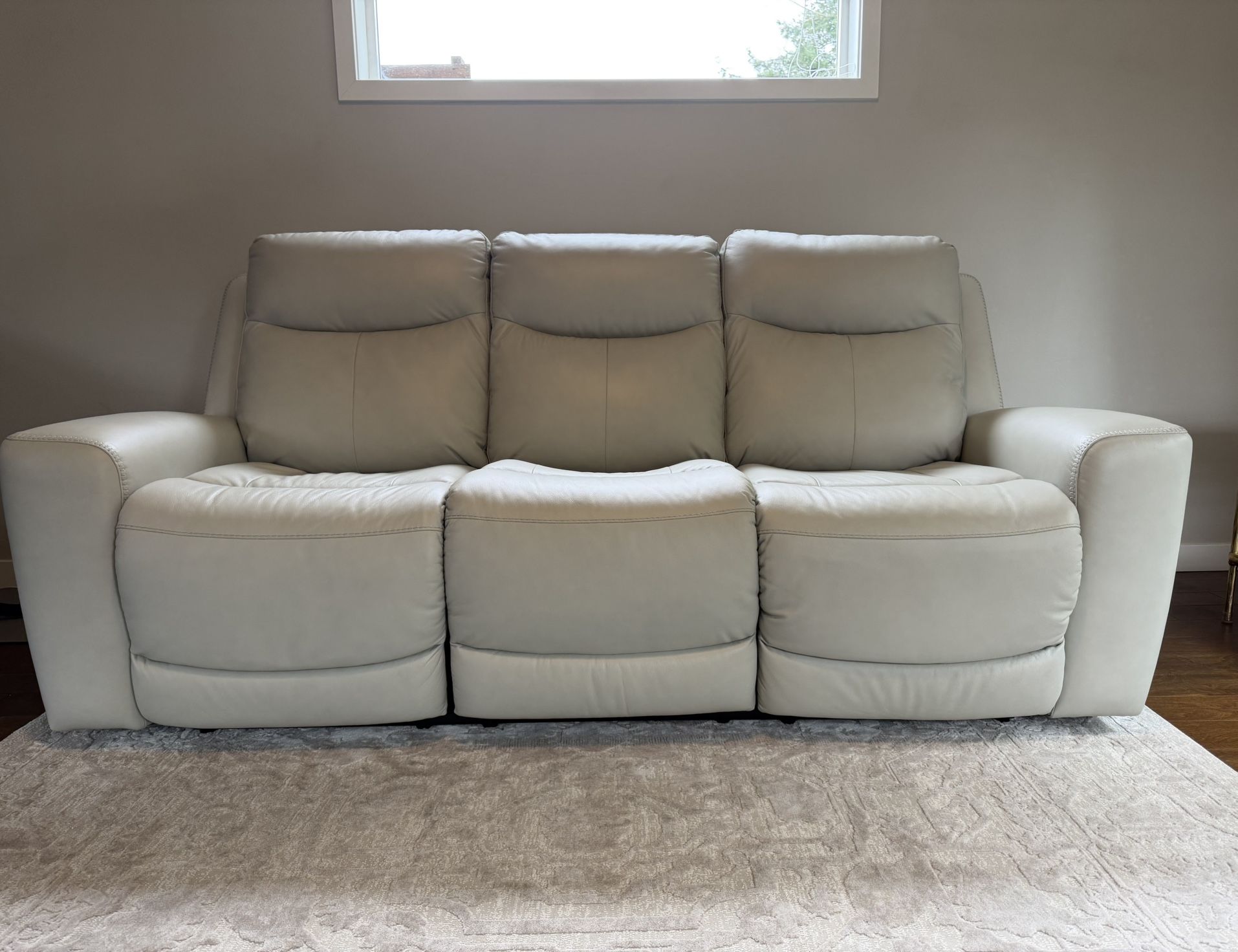 Mindanao Dual Power Coconut Colored Leather Reclining Sofa.