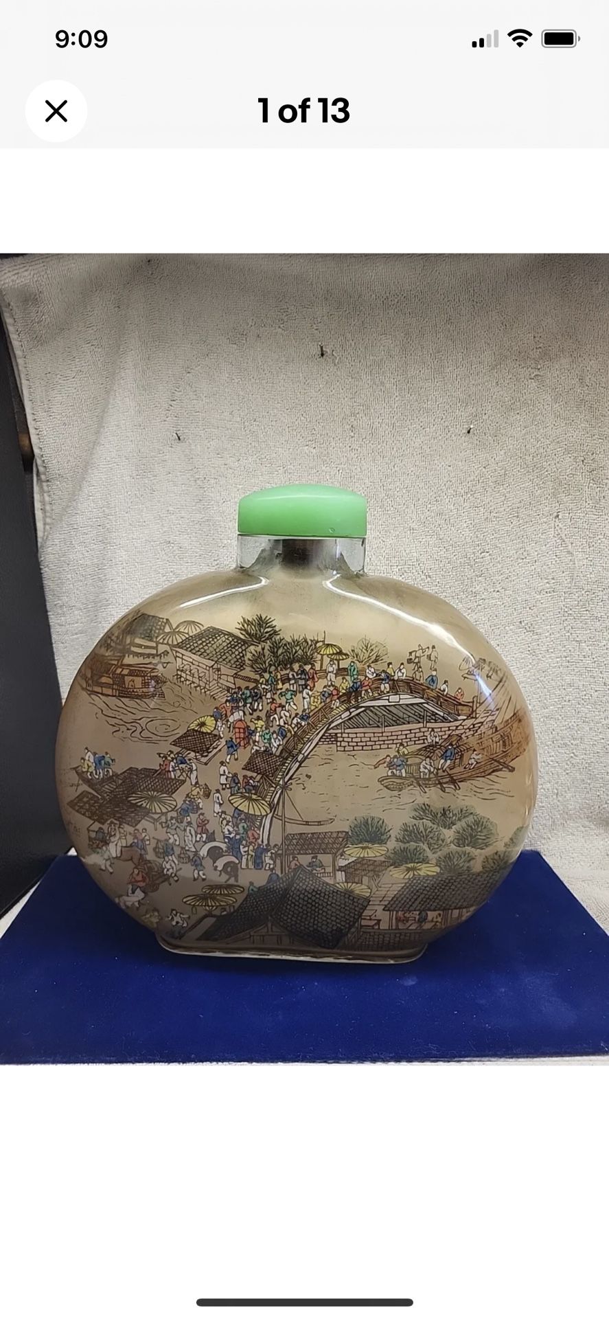 Antique Giant Chinese Reverse Glass Painted Snuff Bottle With Jade Top Signed