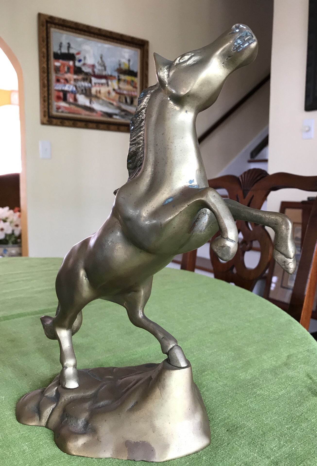 Fabulous heavy brass metal 12 inch tall rearing horse statue