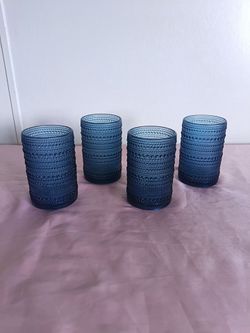 12oz Blue Highball Glasses, Set of 4, Thick Beaded Textured Glass