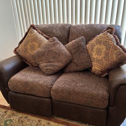 Manual Reclining Loveseat – 66” Brown Fabric & Faux Leather – Very Comfortable