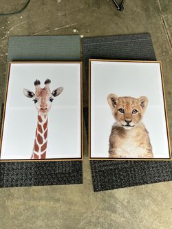 Framed canvas wall art - lion and giraffe