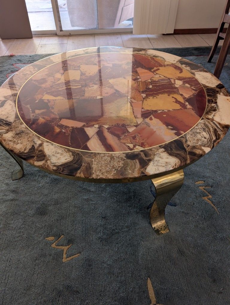 MULLER BROTHERS ONYX & ALABASTER COFFEE TABLE W CURVED BRASS LEGS