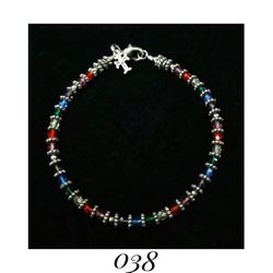 7.25" Southwestern Sterling Silver & Multi-colored Faceted Lucite Beads w Sterling Silver Cross Charm Bracelet w Lobster Claw Clasp. Made in USA