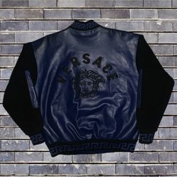 Rare Vintage 90s Versace Classic V2 Leather Varsity Jacket Blue/Black