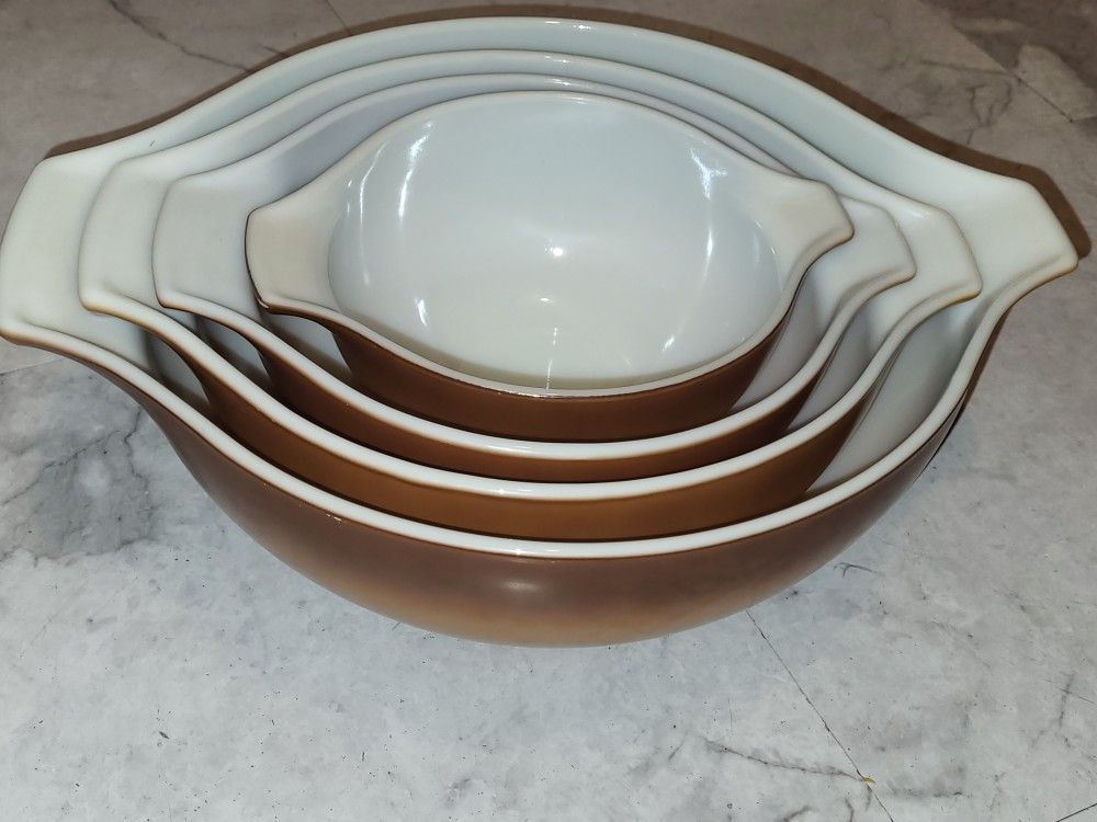 Vintage Pyrex By Corning Baking Bowl Set Cinderella Nesting Old Orchard Brown 444, 443, 442, 441