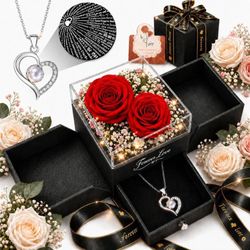 new Forever Love Preserved Real Rose with Heart Necklace, for Mom, Wife, Anniversary Birthday Gifts for Women – Projects “I Love You” in 100 Languages