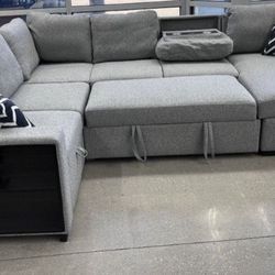 ✅️✅️4 pc Grey boucle fabric sectional sofa with storage chaise and love seat and pop up sleep area in center drop down tray tables✅️✅️