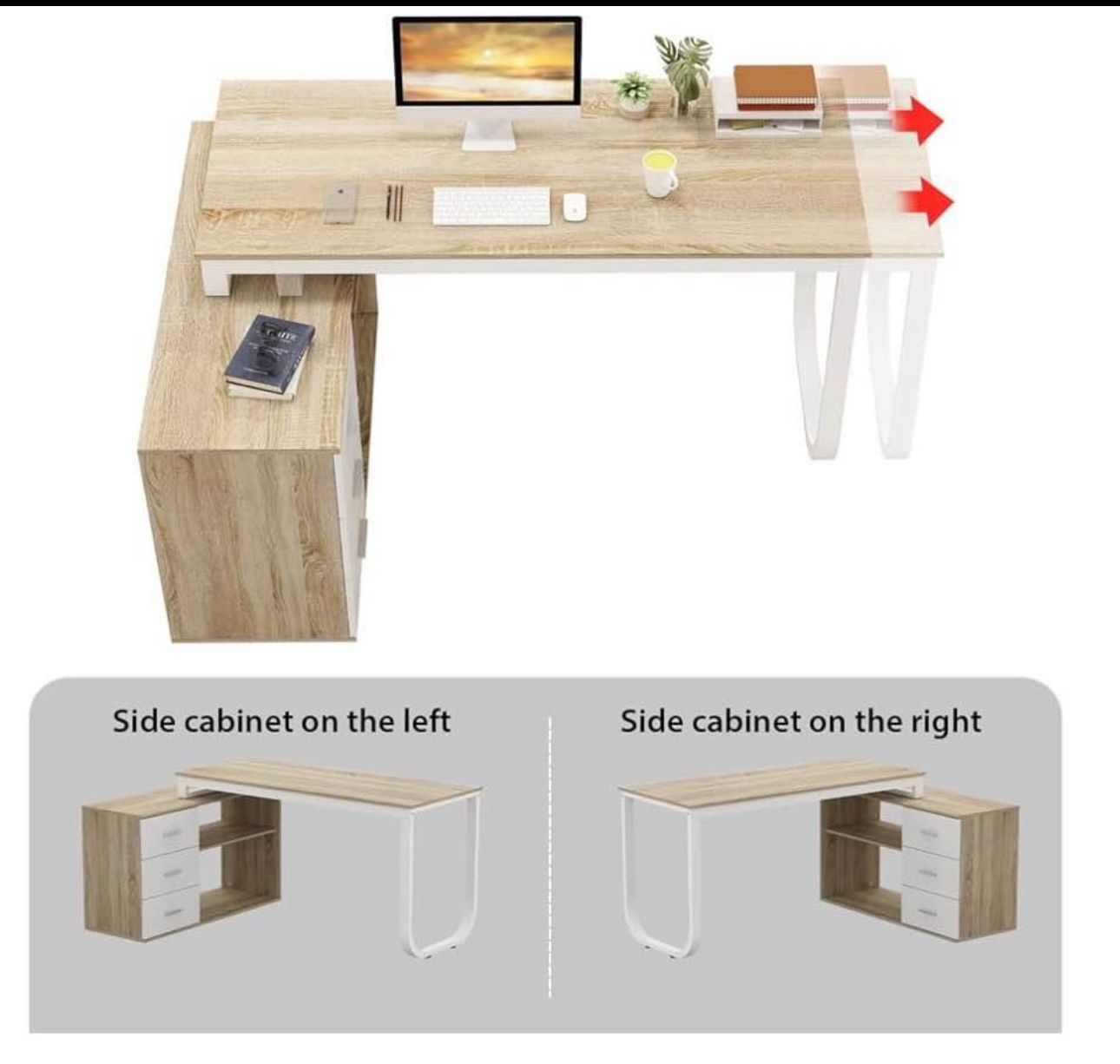 😀 Office Computer L-Shaped Desk Corner Desk with 3 Drawers & 2 Shelves, 55 Inch Large Study Writing Table with Storage Cabinet (Beige)