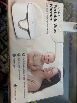 Portable Baby Wipe Warmer - Cordless Rechargeable Wet Wipes Dispenser for Travel Battery Operated with Nightlight Temperature Control for On the Go