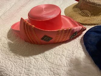 $45-Coral-Pink Wide Brim Dress Hat with Gold Trim