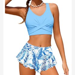 Chic Girls Blue Tropical Print Swim Set- Size 13-14 Trendy New Bikini