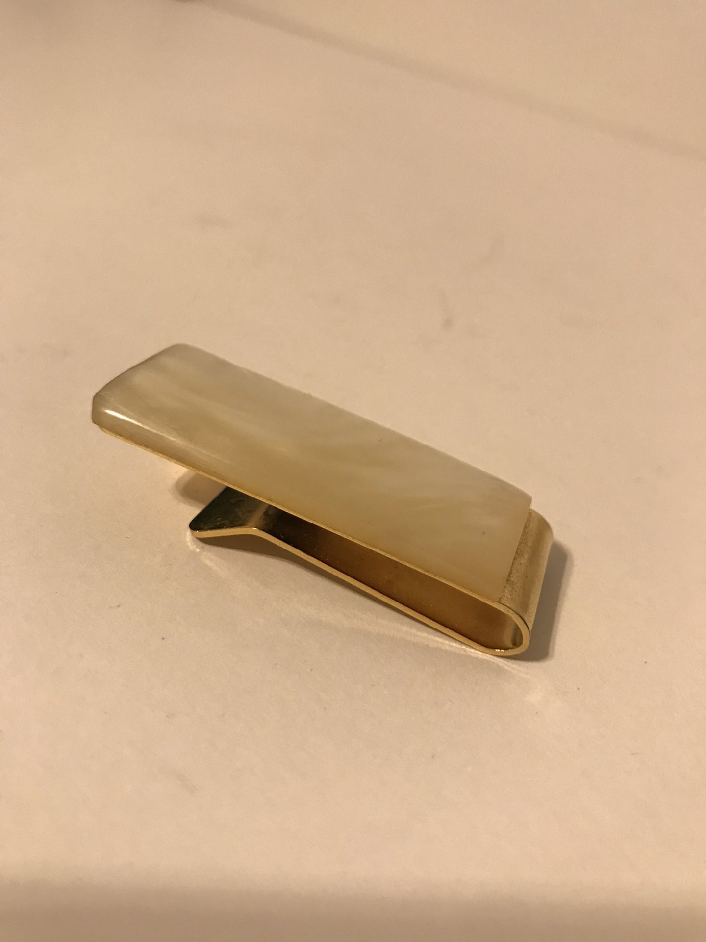 Vintage 2” Mother of Pearl Gold Colored Brass Money Clip