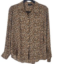Tahari Button Front Blouse S  Small Womens Black Brown Long Sleeve Light Weight Top Shirt T Tee 