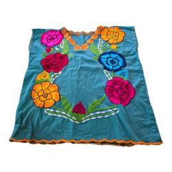 Mexican Teal Flower Blouse SZ M Huipil Pullover Colorful Floral Hand Embroidery