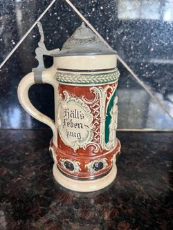 Vintage German Ceramic Beer Stein with Pewter Lid