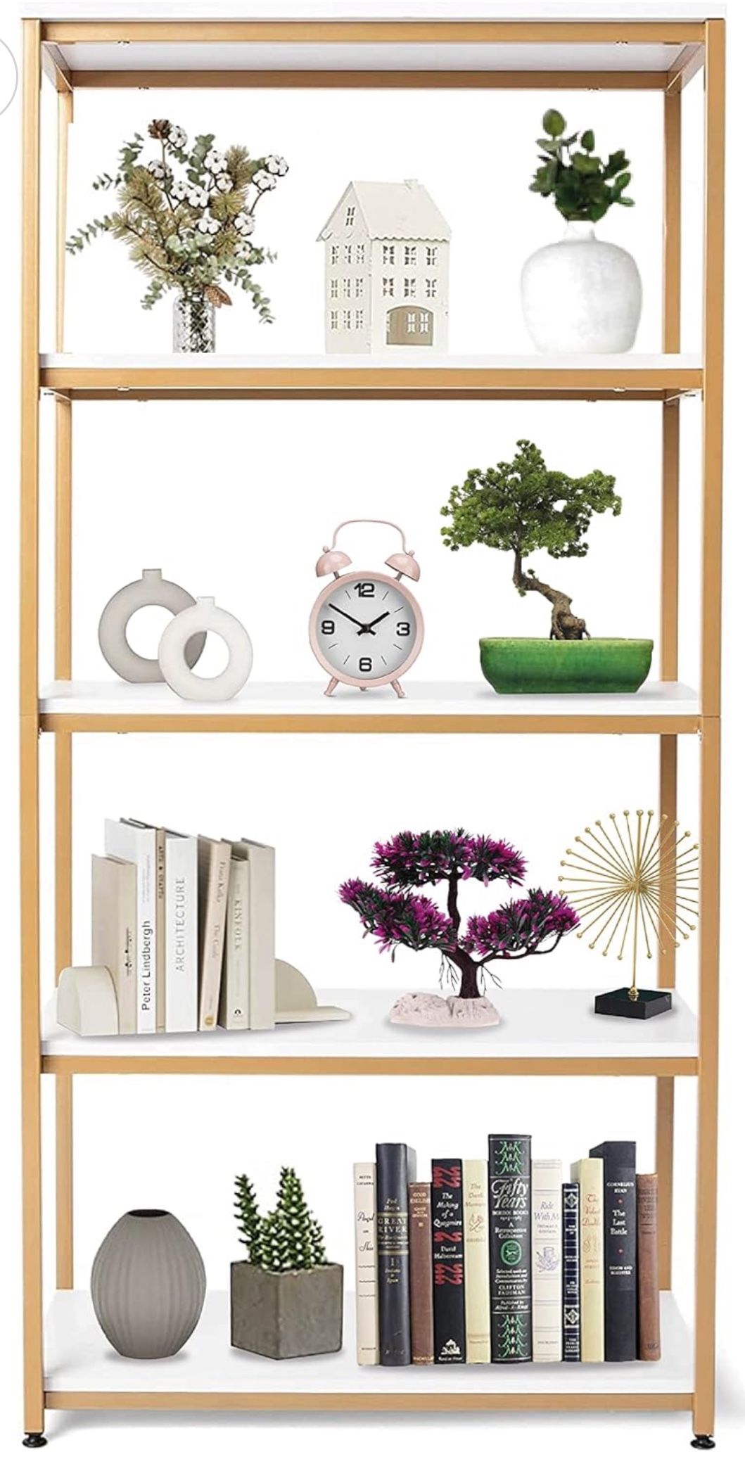 Gold Bookshelf | 5 Tier Modern Bookshelf, Storage Shelves Display for Home Furniture, Rugged Metal Frame,