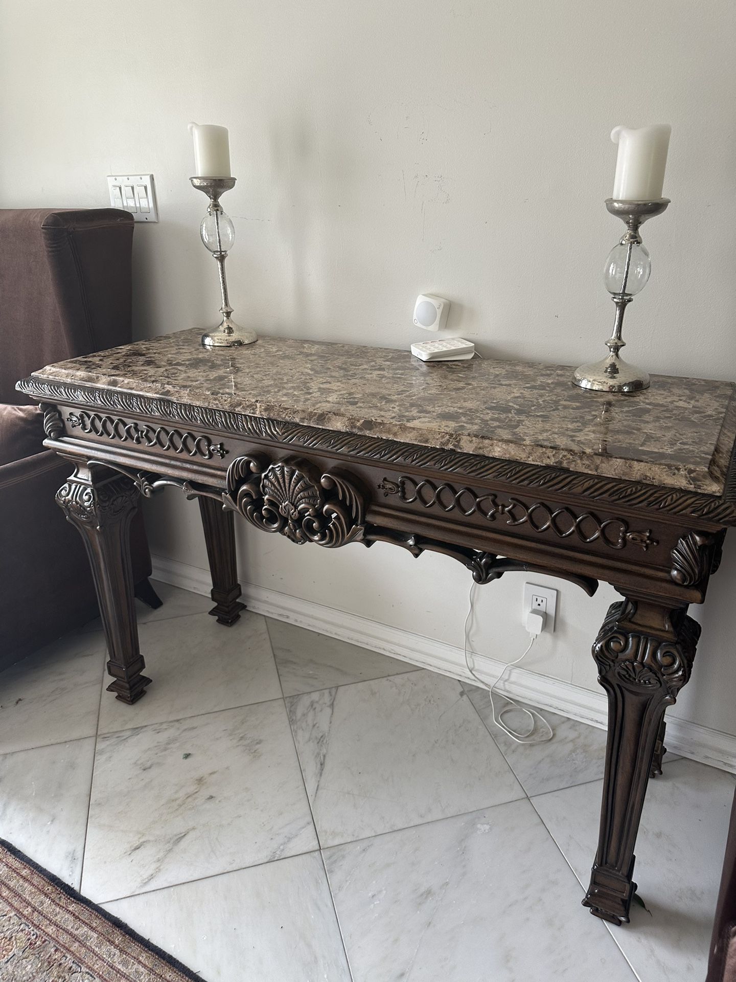 Best Master Traditional Solid Wood and Faux Marble Top Console Table Dark Chery