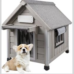 Outdoor Dog House with Waterproof Asphalt Roof for Small to Medium Dogs,Large Wooden Indoor Dog Kennel with Anti-Chewing Metal,Oxford Cloth Window,Dur