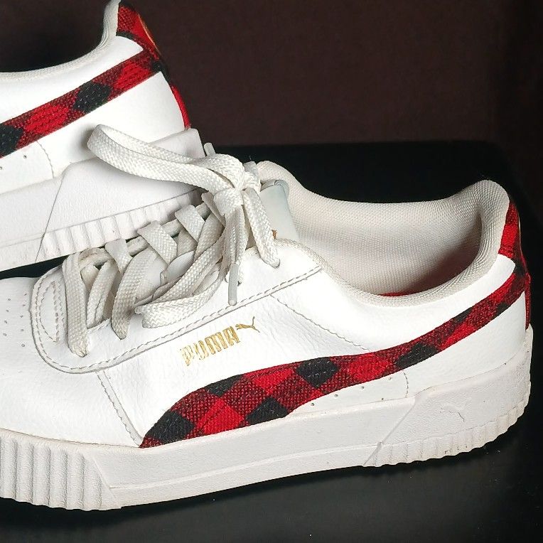 PUMA Carina Winter Plaid "White/Red/Black" Girls' Sneakers size 5.5C Big Girls