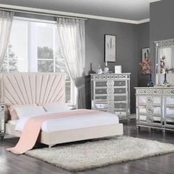 Brand New 4PC Beige Velvet Bedroom Set