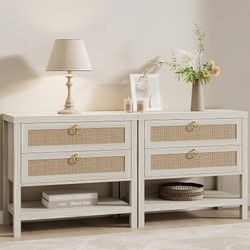 1448c Large Rattan Night Stand Set of 2：Boho Nightstand with Drawers and Storage Shelf, White Bedside Table End Table Side Table for Bedroom(Cream Whi
