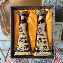 Vintage 8” H Porcelain Dragon Candle Holders - Pair by Yi Lin Arts & Treasures (with Original Brocade Lidded Gift Box and Paperwork)