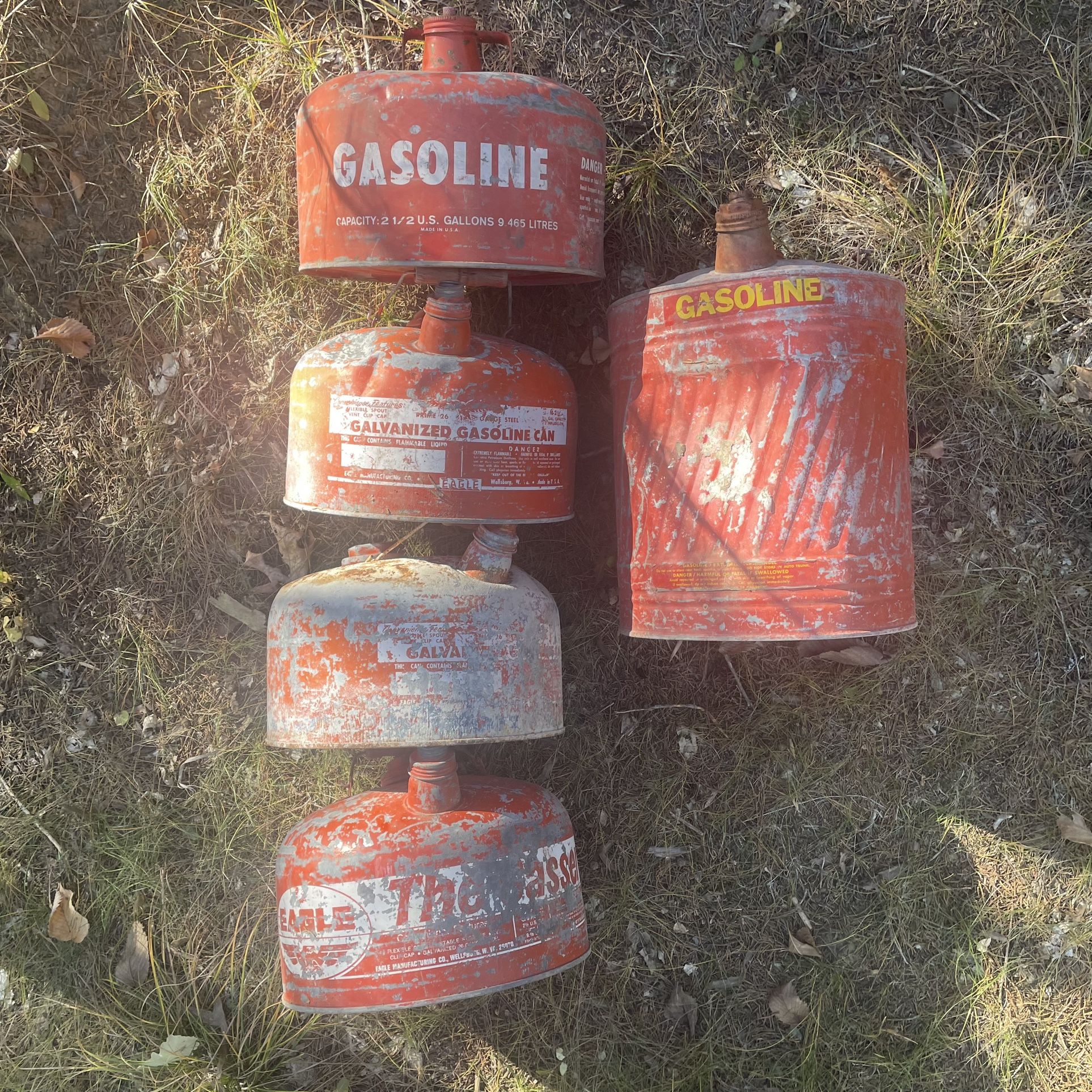 5 Vintage Metal Gas Cans - Gasoline Cans