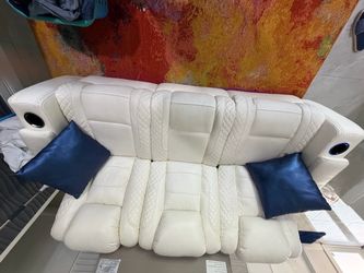White Leather Recliner Sofa with Cup Holders