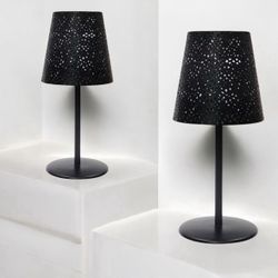 Set Of 2 Festive Garden Party Solar Table Lamps. Black, Metal Shade  