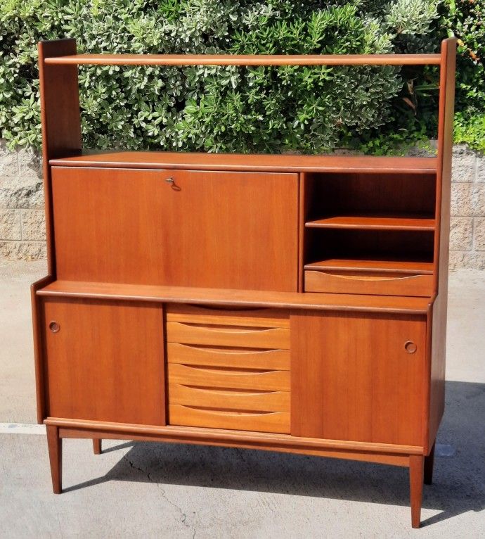 beautiful vintage one-piece teak DESK SHELF SIDEBOARD HUTCH DISPLAY CREDENZA and More