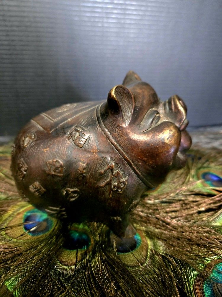 Antique Bronze Fengshui 12 Zodiac Year Wealth Pig Statue 5"
