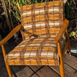 Mid-Century Chair Vintage Plaid Lounge Seat Oak MCM Cloth Heywood Wakefield Lounger