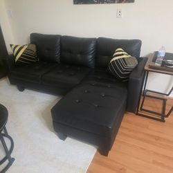 Black Faux Leather 3 Seat L Sectional Sofa With Chaise And Ottoman