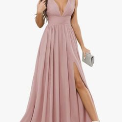 V Neck Chiffon Bridesmaid Dresses for Women Long A Line Formal Evening Gowns with Slit