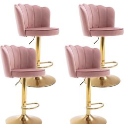 Swivel Barstools Bar Height Set of 4 Adjustable Upholstered Counter Stool Velvet Bar Chairs with Back/Gold Base for Kitchen Island/Bar/Cafe, Dirty Pin