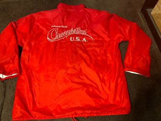 Vintage 80’s size large adult Johnson Reels Crappiethon USA Red Windbreaker Jacket